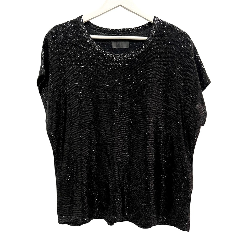RtA Top Womens Small Black Metallic Shimmer Short Sleeve Crew Neck Boxy Blouse